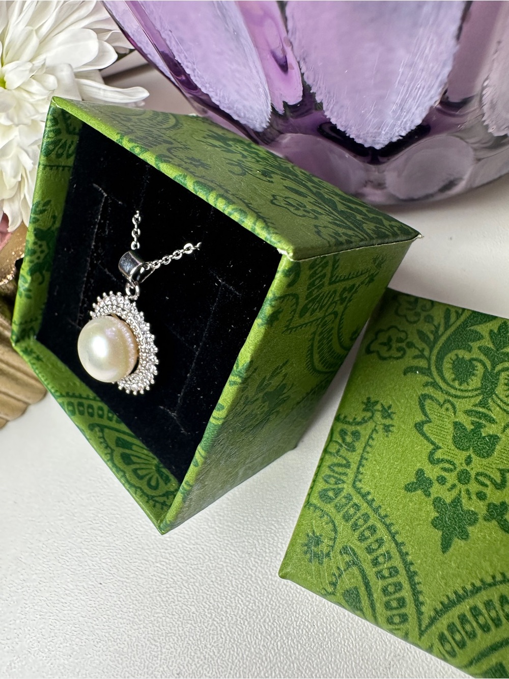 Classic Pearl Halo Pendant in White w/ Sterling Silver Necklace - Picture 3 of 3